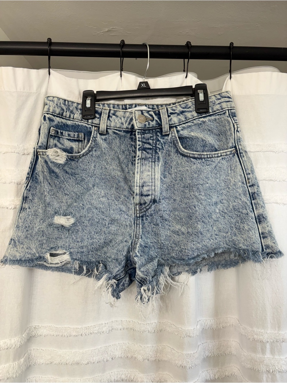 Zara High-Rise Distressed Acid Wash Denim Shorts - Light Blue